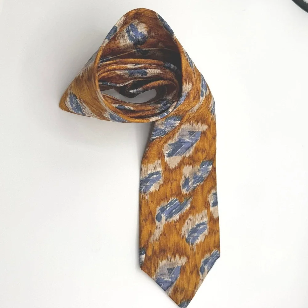 Ferrell Reed Silk Necktie Mens OS Gold Blue Abstract Ikat Italy USA